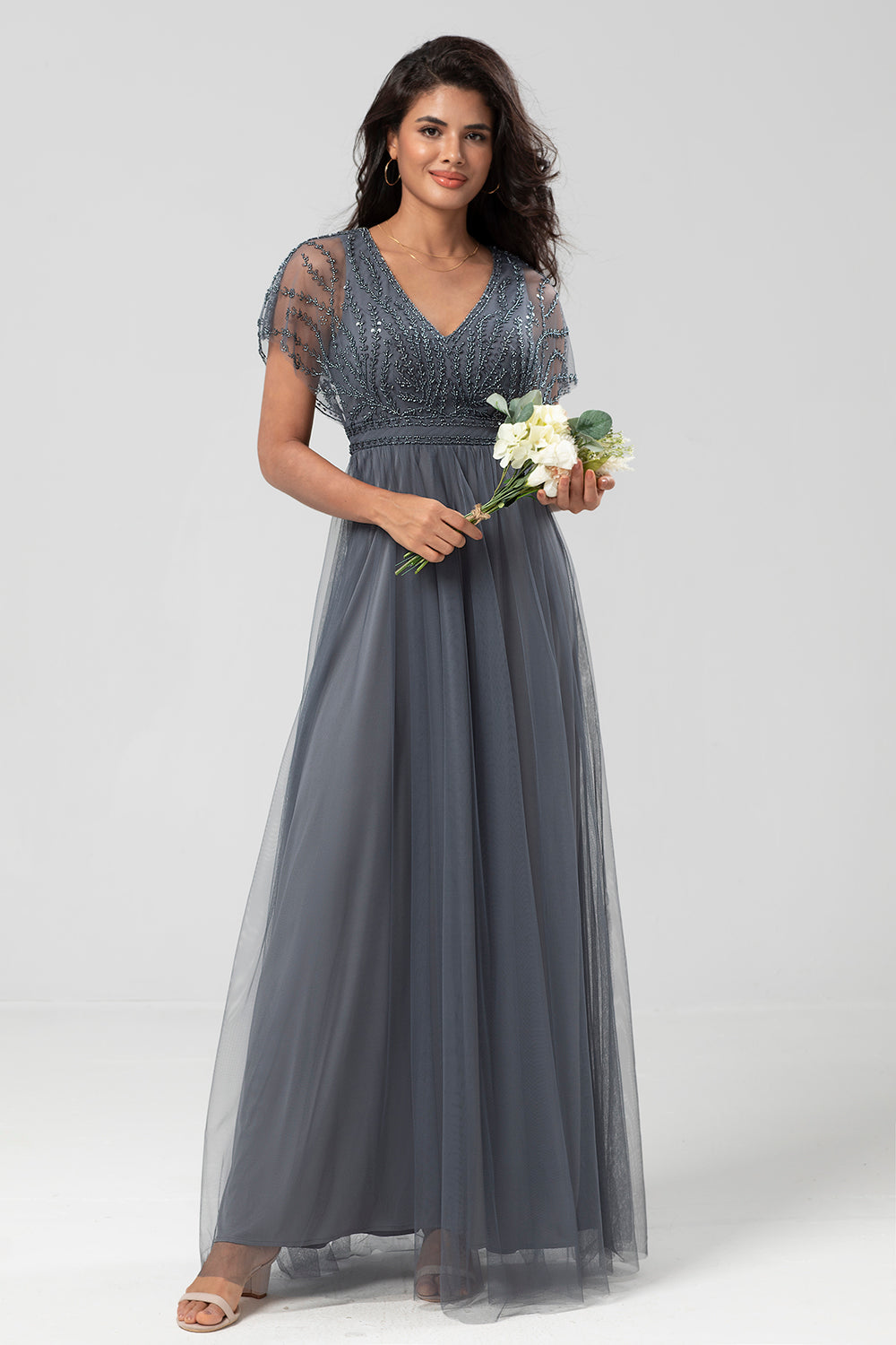 Eucalyptus A-Line V Neck Long Bridesmaid Dress with Beading