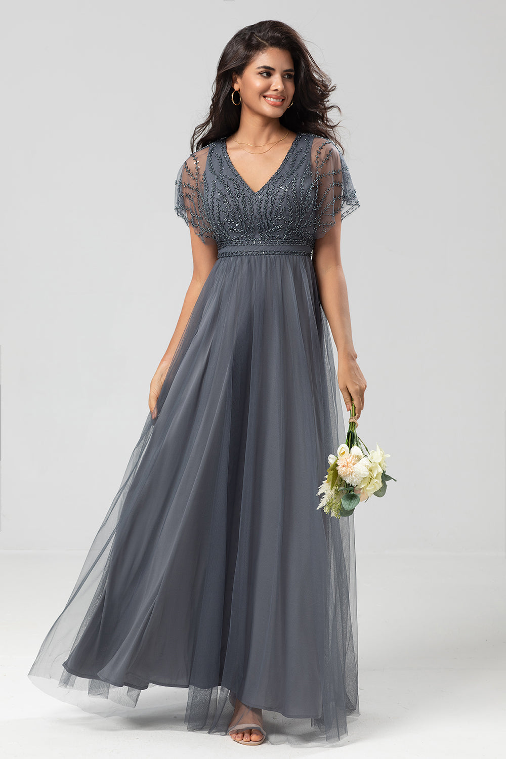Eucalyptus A-Line V Neck Long Bridesmaid Dress with Beading