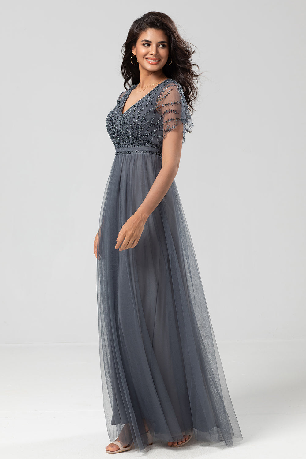 Eucalyptus A-Line V Neck Long Bridesmaid Dress with Beading