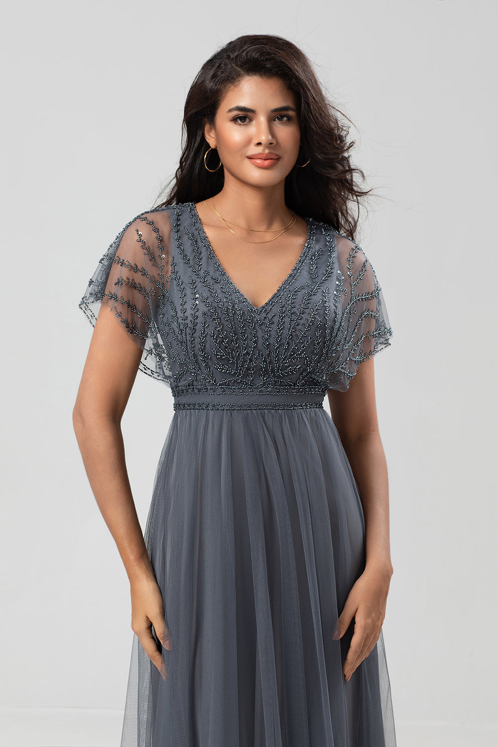 Eucalyptus A-Line V Neck Long Bridesmaid Dress with Beading