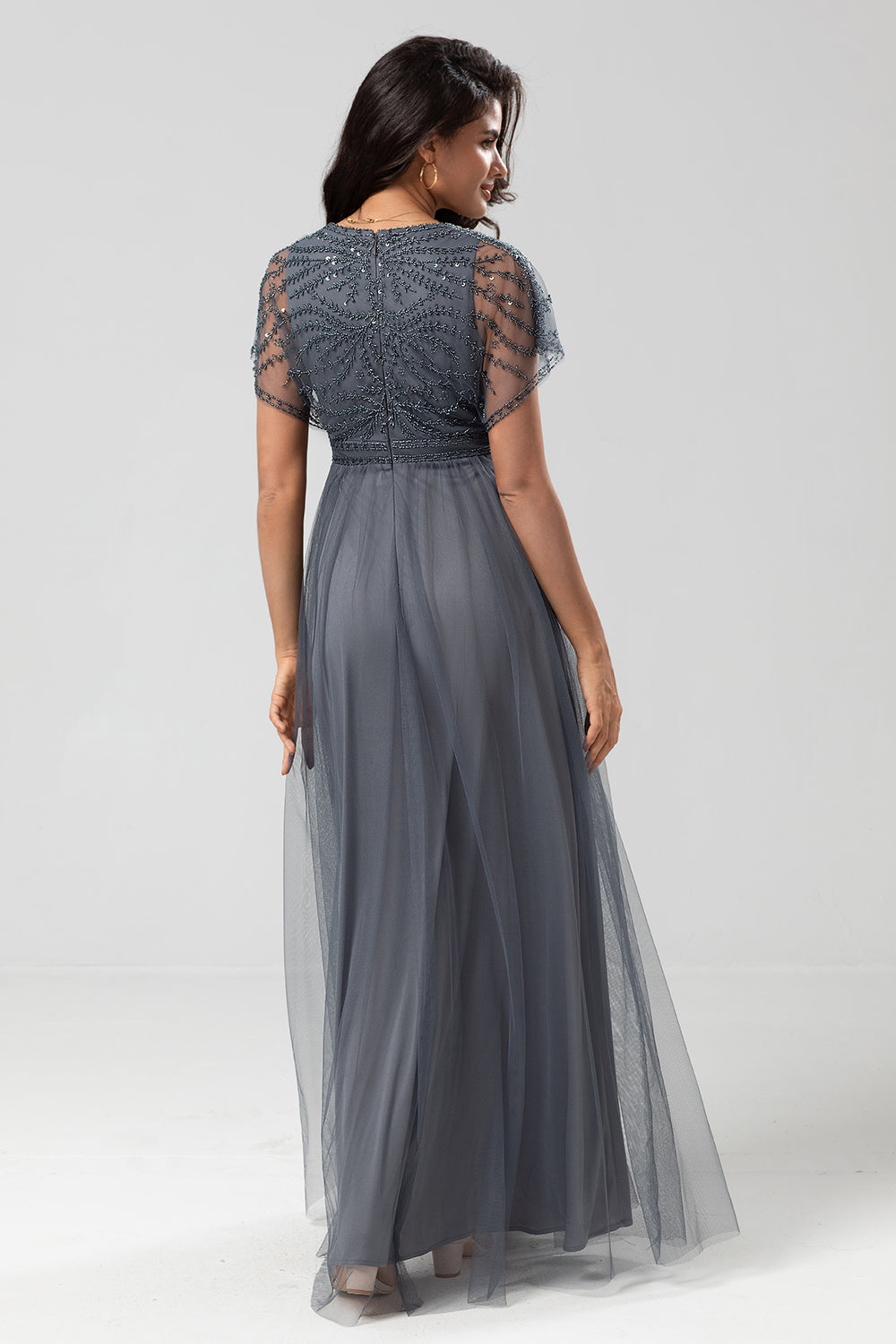 Eucalyptus A-Line V Neck Long Bridesmaid Dress with Beading