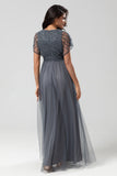 Eucalyptus A-Line V Neck Long Bridesmaid Dress with Beading