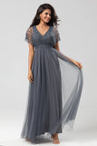 Eucalyptus A-Line V Neck Long Bridesmaid Dress with Beading
