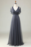 Eucalyptus A-Line V Neck Long Bridesmaid Dress with Beading