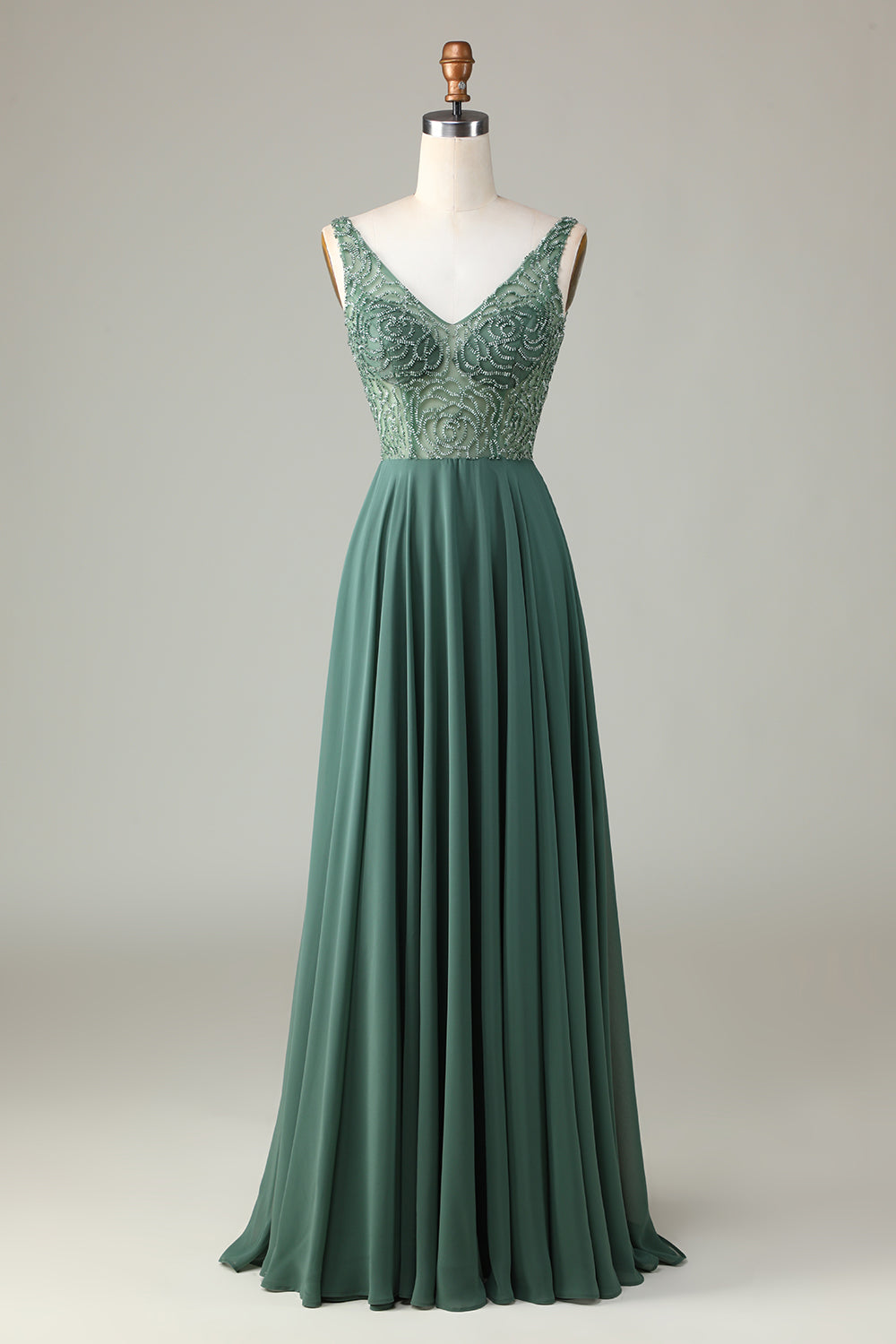 Eucalyptus A-Line Beaded Long Bridesmaid Dress