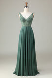 Eucalyptus A-Line Beaded Long Bridesmaid Dress
