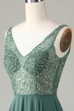 Eucalyptus A-Line Beaded Long Bridesmaid Dress