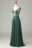 Eucalyptus A-Line Beaded Long Bridesmaid Dress