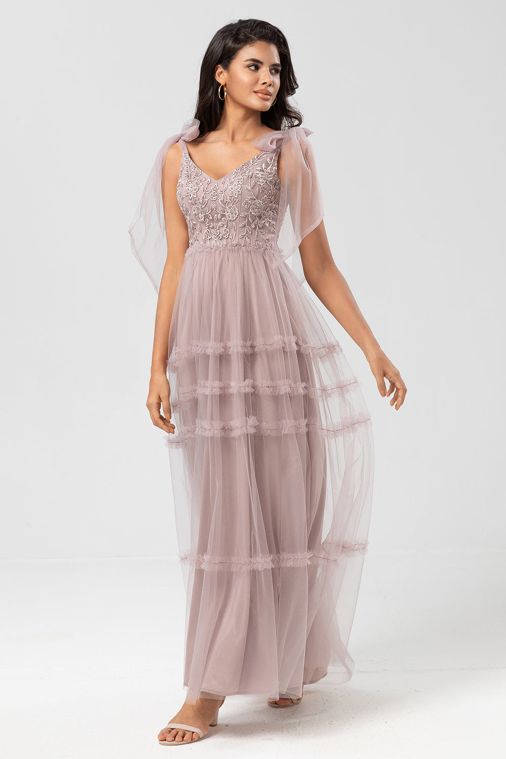 Dusty Pink A-Line V Neck Long Bridesmaid Dress with Beading