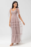 Dusty Pink A-Line V Neck Long Bridesmaid Dress with Beading