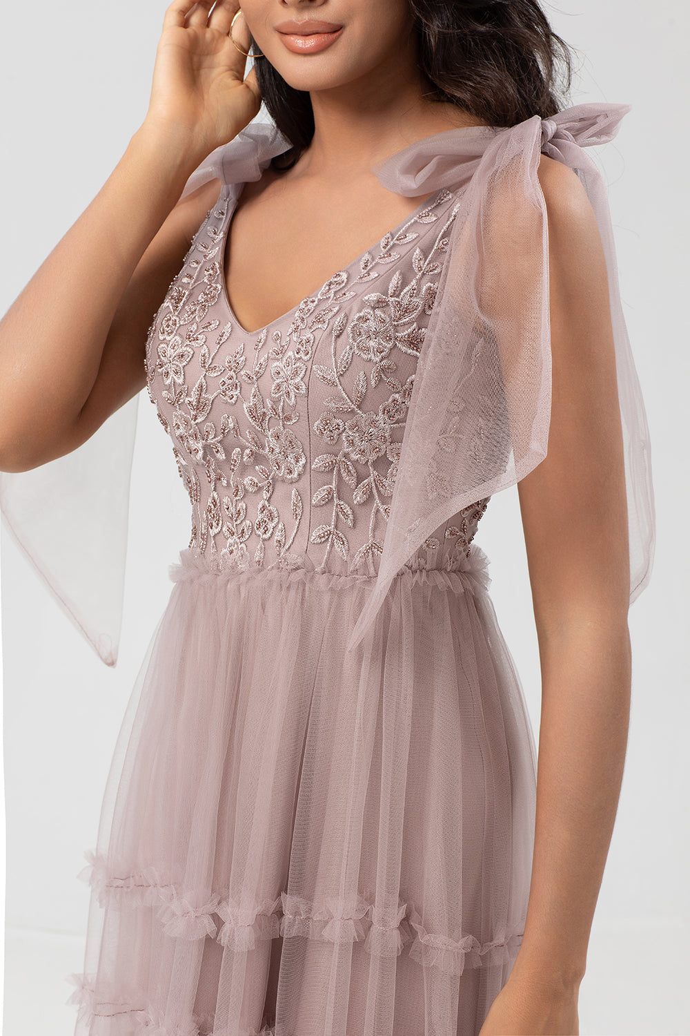 Dusty Pink A-Line V Neck Long Bridesmaid Dress with Beading