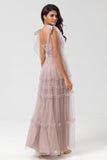 Dusty Pink A-Line V Neck Long Bridesmaid Dress with Beading