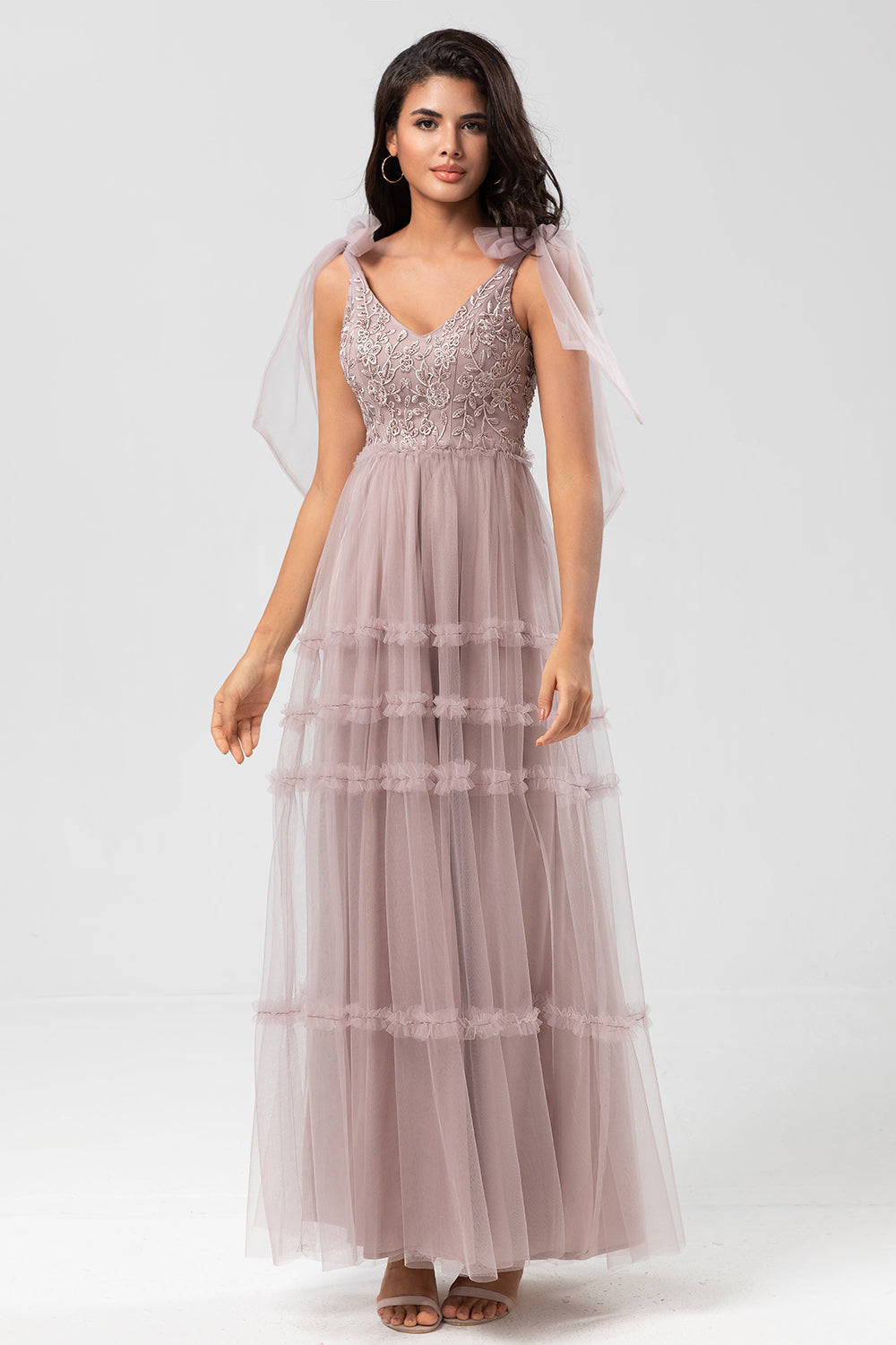 Dusty Pink A-Line V Neck Long Bridesmaid Dress with Beading