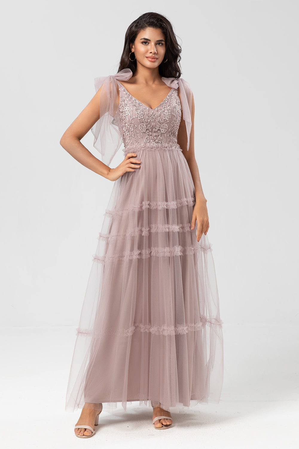 Dusty Pink A-Line V Neck Long Bridesmaid Dress with Beading