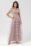 Dusty Pink A-Line V Neck Long Bridesmaid Dress with Beading