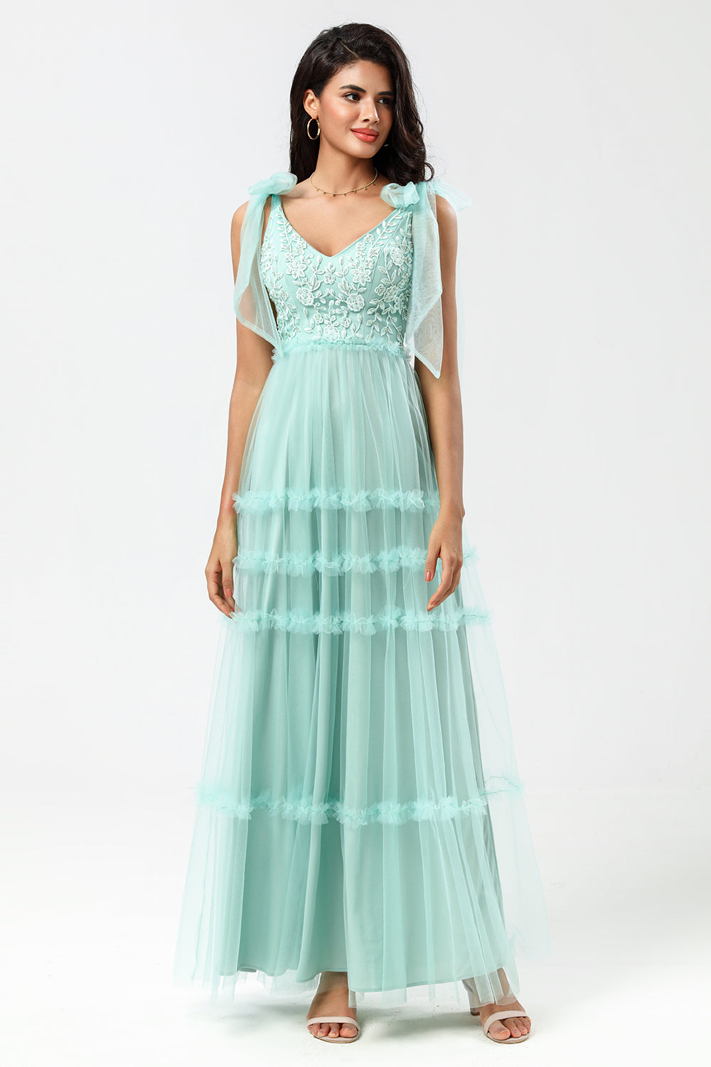 Dusty Pink A-Line V Neck Long Bridesmaid Dress with Beading