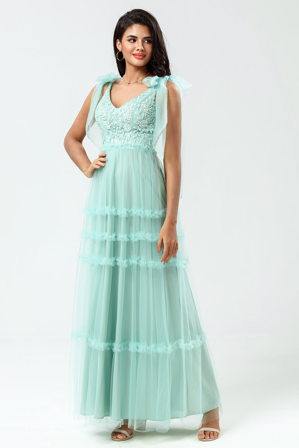 Dusty Pink A-Line V Neck Long Bridesmaid Dress with Beading