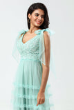 Dusty Pink A-Line V Neck Long Bridesmaid Dress with Beading