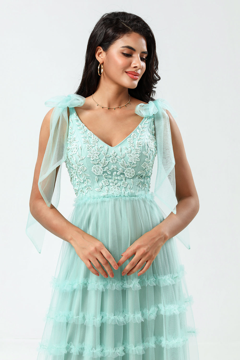 Dusty Pink A-Line V Neck Long Bridesmaid Dress with Beading