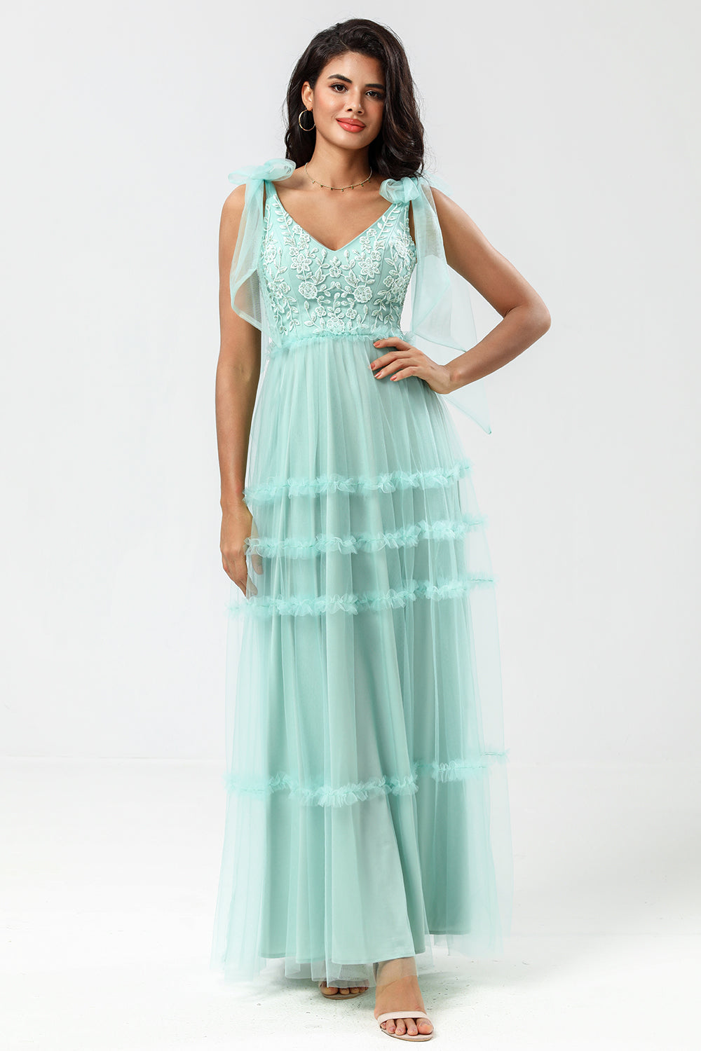 Dusty Pink A-Line V Neck Long Bridesmaid Dress with Beading