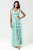 Dusty Pink A-Line V Neck Long Bridesmaid Dress with Beading