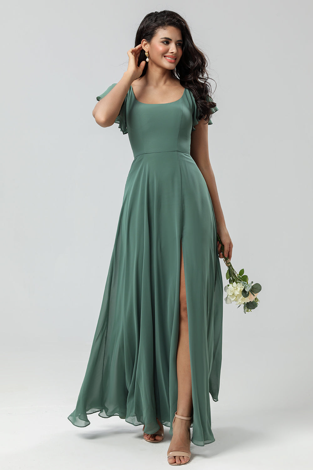 Eucalyptus A-Line Square Neck Long Bridesmaid Dress with Slit