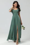 Eucalyptus A-Line Square Neck Long Bridesmaid Dress with Slit