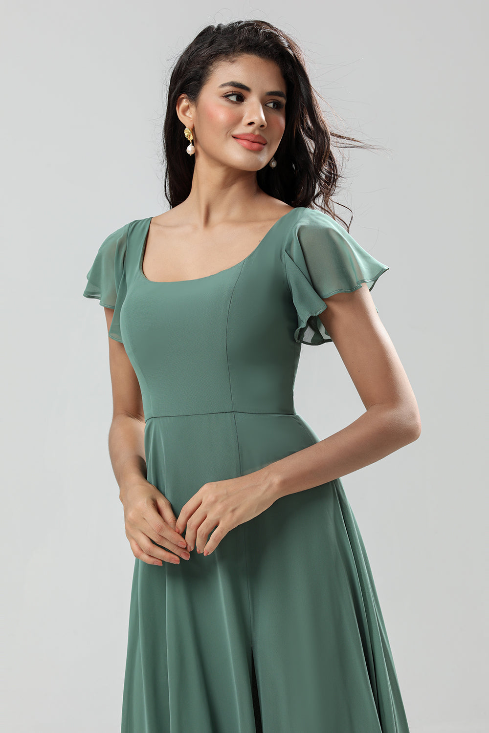 Eucalyptus A-Line Square Neck Long Bridesmaid Dress with Slit
