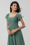 Eucalyptus A-Line Square Neck Long Bridesmaid Dress with Slit