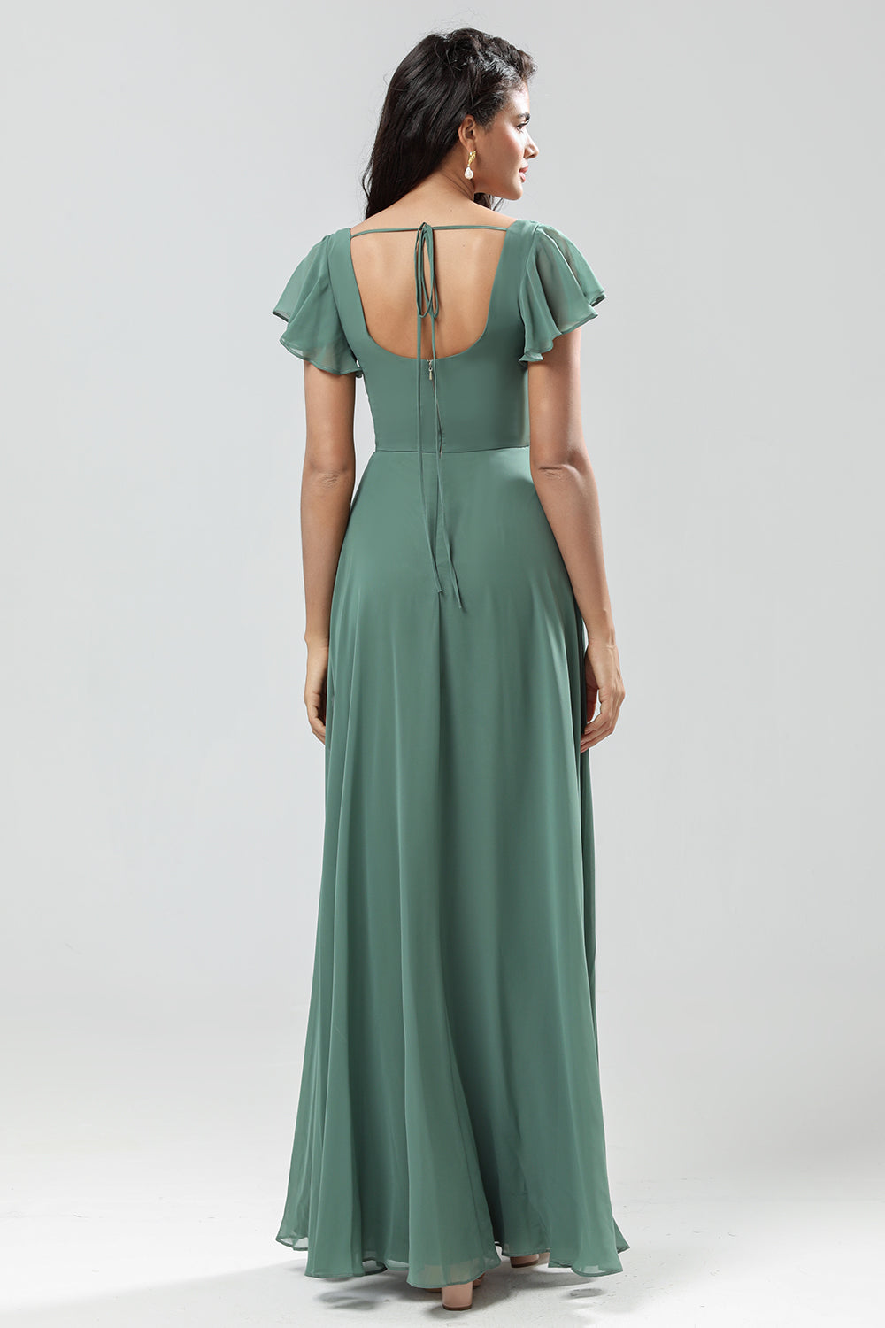 Eucalyptus A-Line Square Neck Long Bridesmaid Dress with Slit