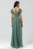 Eucalyptus A-Line Square Neck Long Bridesmaid Dress with Slit