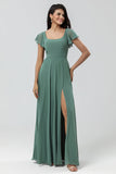 Eucalyptus A-Line Square Neck Long Bridesmaid Dress with Slit