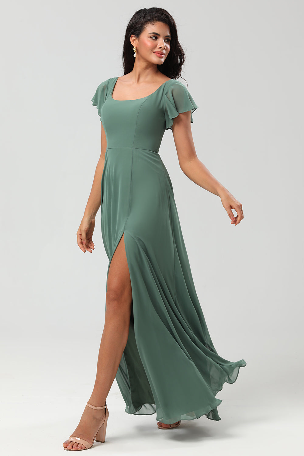 Eucalyptus A-Line Square Neck Long Bridesmaid Dress with Slit