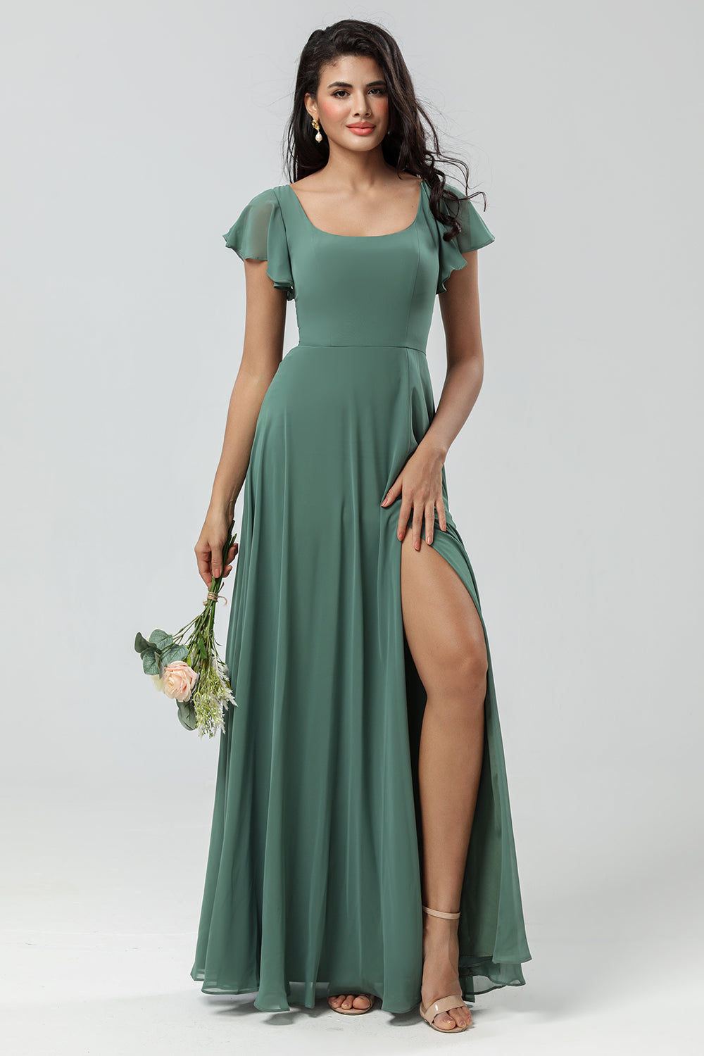 Eucalyptus A-Line Square Neck Long Bridesmaid Dress with Slit