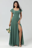 Eucalyptus A-Line Square Neck Long Bridesmaid Dress with Slit