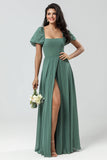 Eucalyptus A Line Puff Sleeves Chiffon Bridesmaid Dress With Slit