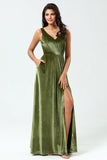 Olive A Line V-Neck Sleeveless Velvet Bridesmaid Dress with Slit