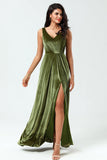 Olive A Line V-Neck Sleeveless Velvet Bridesmaid Dress with Slit
