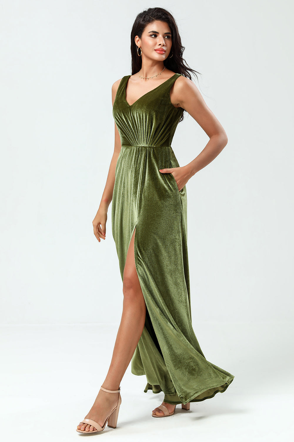 Olive A Line V-Neck Sleeveless Velvet Bridesmaid Dress with Slit