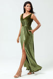 Olive A Line V-Neck Sleeveless Velvet Bridesmaid Dress with Slit