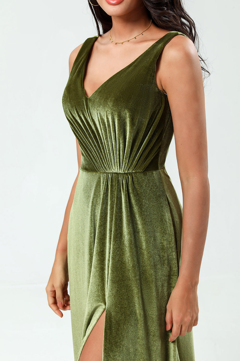 Olive A Line V-Neck Sleeveless Velvet Bridesmaid Dress with Slit