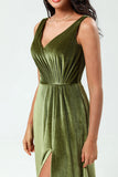Olive A Line V-Neck Sleeveless Velvet Bridesmaid Dress with Slit