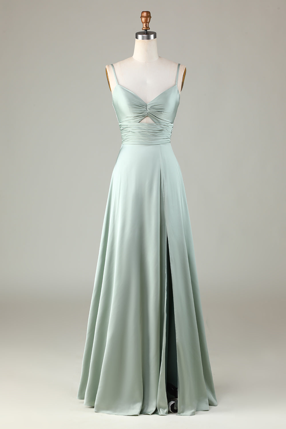 Green A Line Spaghetti Straps Keyhole Bridesmaid Dress with Slit