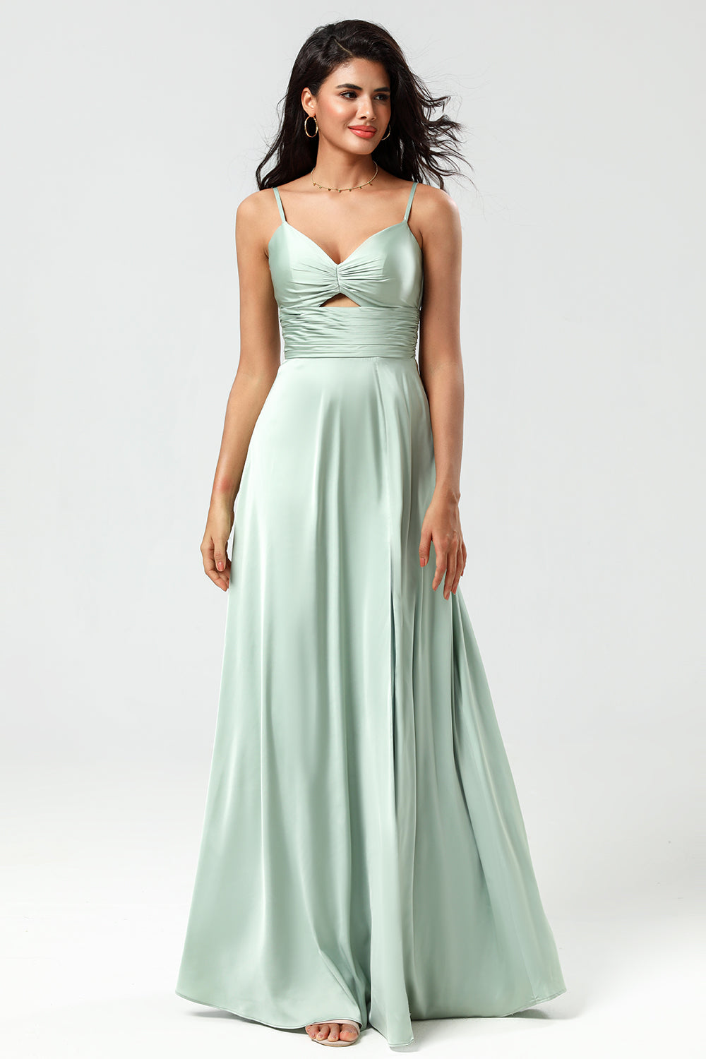 Green A Line Spaghetti Straps Keyhole Bridesmaid Dress with Slit