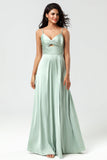 Green A Line Spaghetti Straps Keyhole Bridesmaid Dress with Slit
