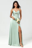 Green A Line Spaghetti Straps Keyhole Bridesmaid Dress with Slit