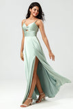 Green A Line Spaghetti Straps Keyhole Bridesmaid Dress with Slit