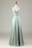 Green A Line Spaghetti Straps Keyhole Bridesmaid Dress with Slit
