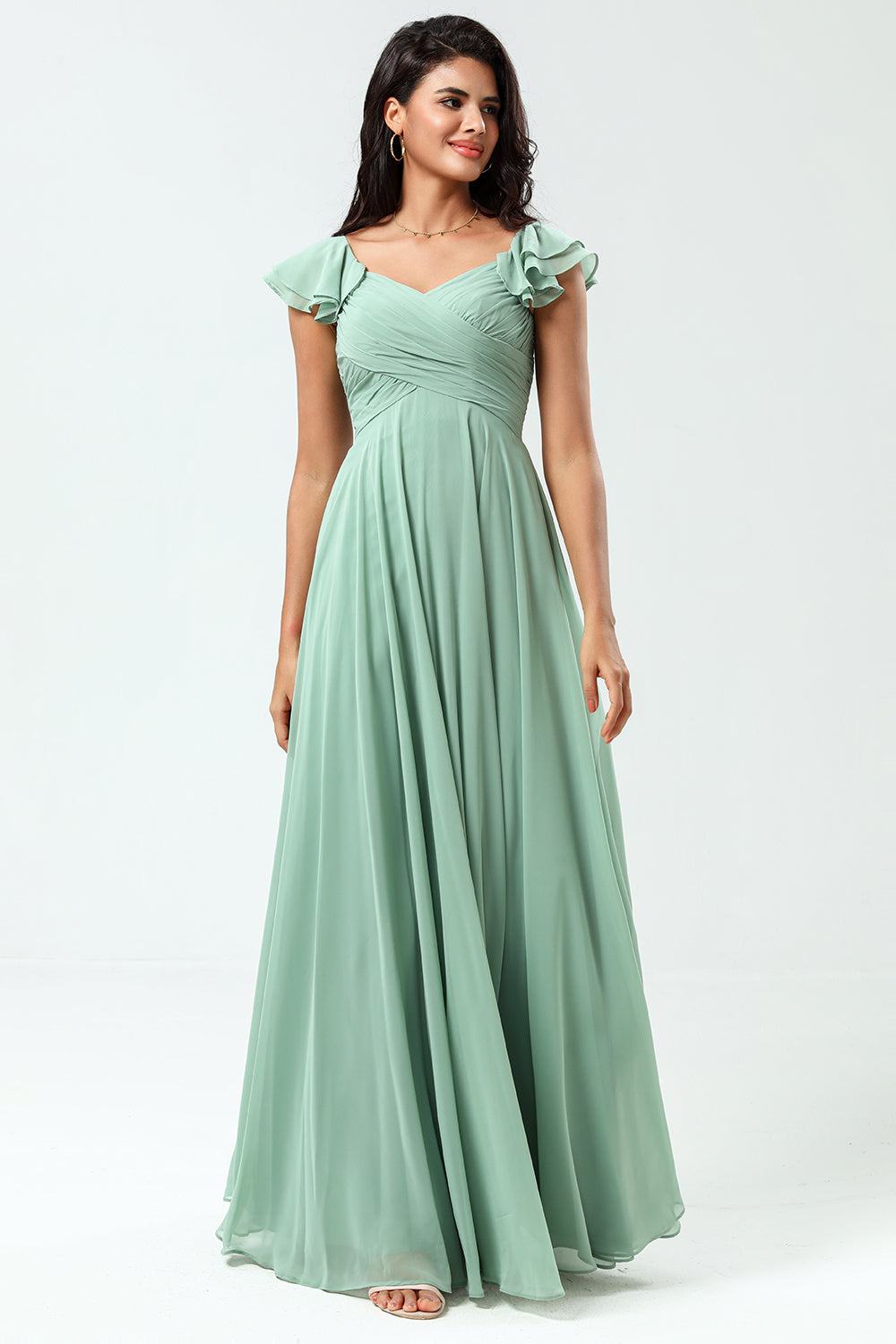 A Line Lace-Up Back Chiffon Green Bridesmaid Dress with Ruffles