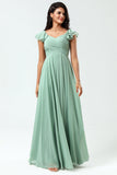 A Line Lace-Up Back Chiffon Green Bridesmaid Dress with Ruffles